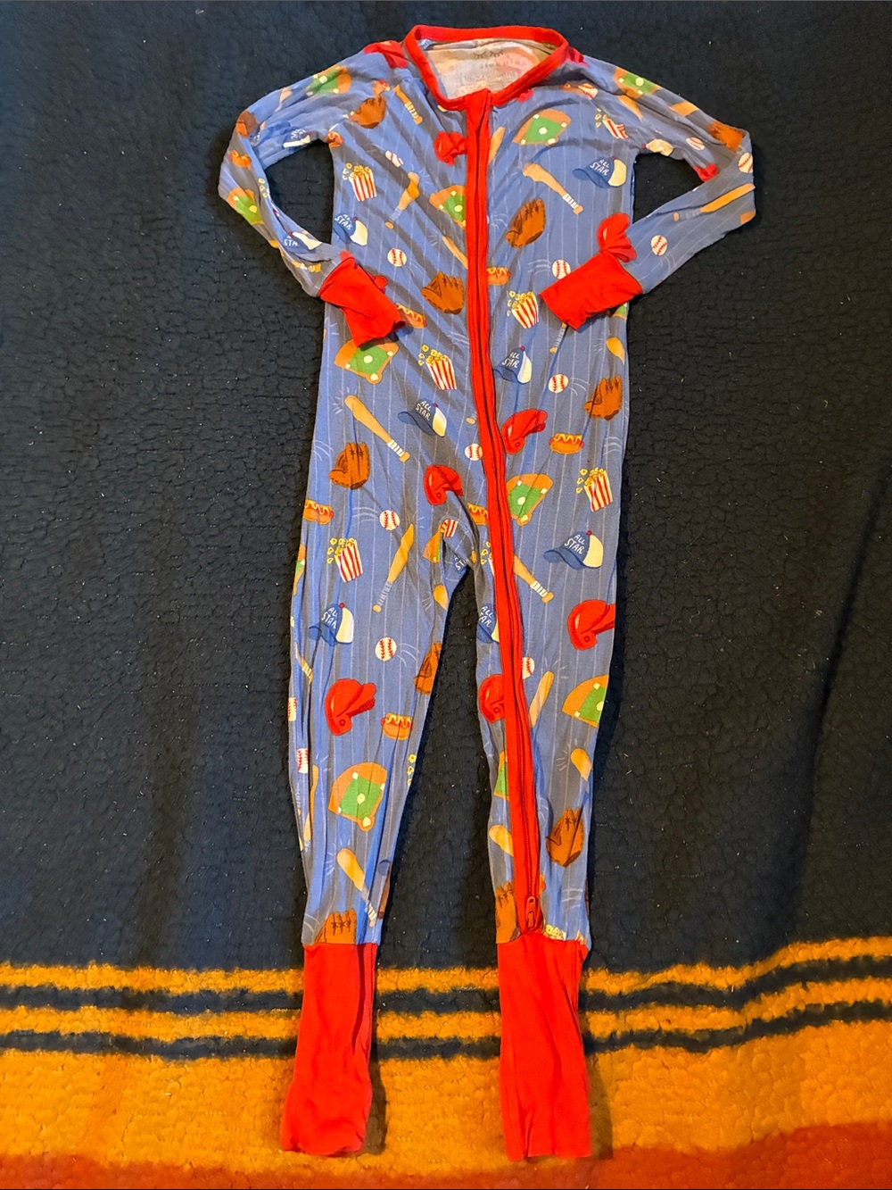 Little Sleepies Blue Baseball Print Footed One-Piece with Red Trim
